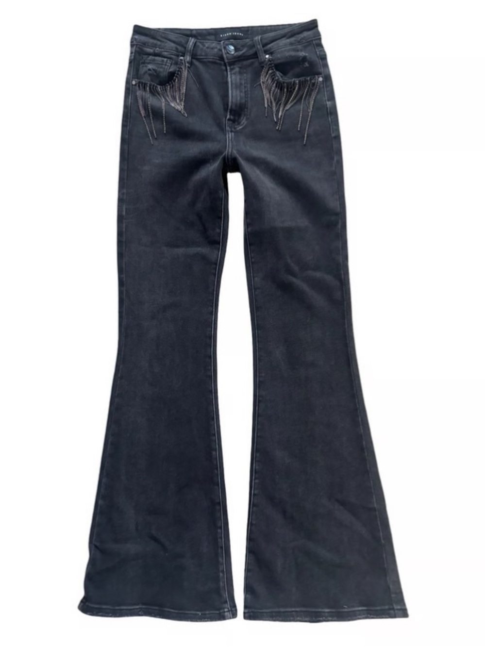 Black Rhinestone Fringe High-Rise Flare Jeans